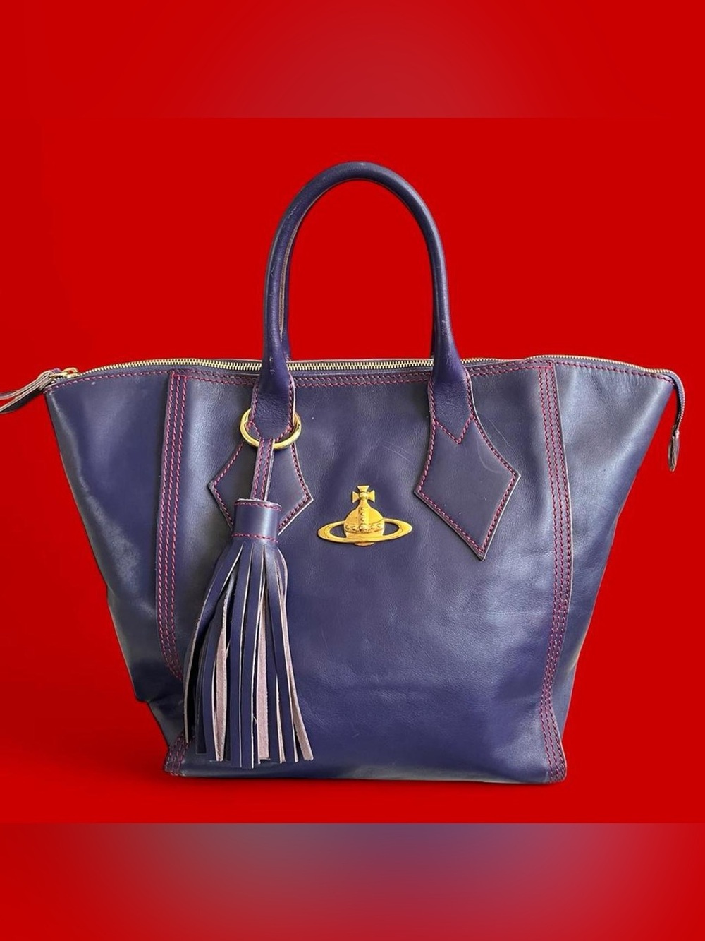 VIVIENNE WESTWOOD • RARE Authentic Vintage GIANT Blue Leather Gold Orb Tote Bag - Picture 9 of 13